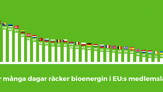 Så här många dagars energibehov täcker bioenergin i Europas länder – EU:s 28 medlemsländer plus ytterligare fyra länder. 