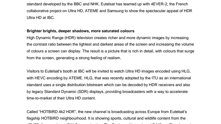 IBC 2016: Eutelsat unveils High Dynamic Range Ultra HD channel 