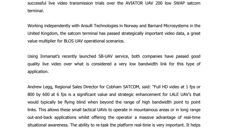 Cobham SATCOM Announces Successful Video Trials over AVIATOR UAV 200