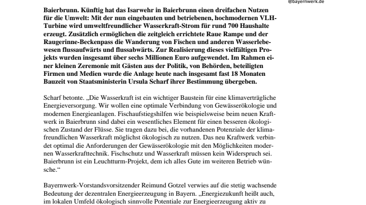 „Leuchtturm-Projekt für die Wasserkraft“ – Ulrike Scharf weiht Öko-Wasserkraftwerk Baierbrunn ein