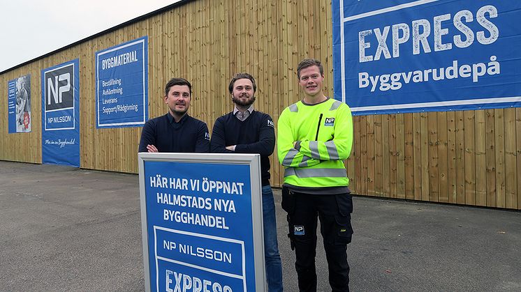 Martin Sörensen, platschef, Filip Boberg, byggsäljare och Isak Petersson, bygglager. Några från den stolta personalen i Halmstad som är med och startar upp NP Nilsson Express.