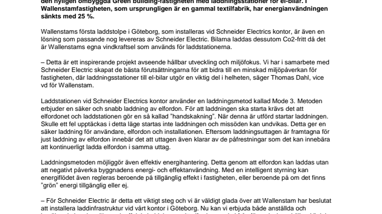 Wallenstam installerar laddstation vid Schneider Electrics Göteborgskontor