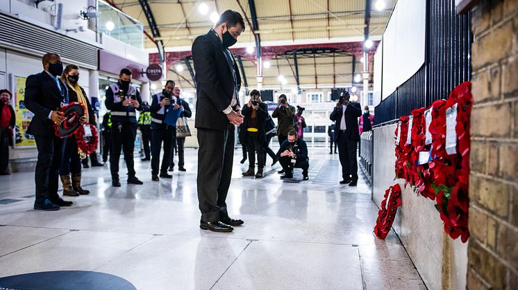 Chris Fowler, Customer Services Director for Southern, marks two minute silence at platform 8