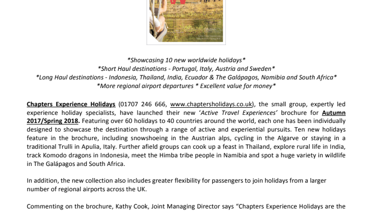 CHAPTERS EXPERIENCE HOLIDAYS LAUNCHES NEW BROCHURE FOR AUTUMN 2017/SPRING 2018