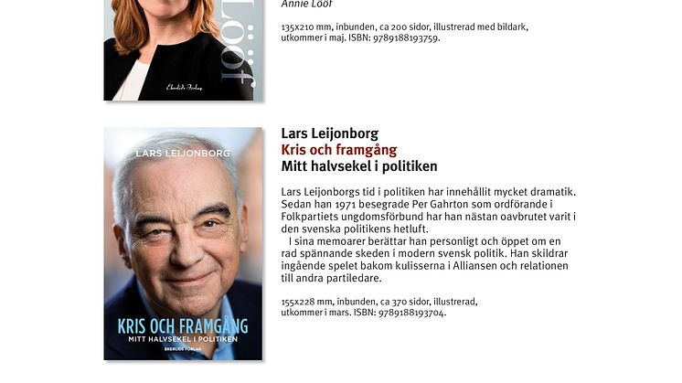 Böcker av eller om Annie Lööf, Lars Leijonborg, Birgit Nilsson, Larry Leksell och Lars Wohlin i vårutgivningen