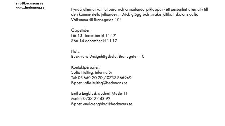 Beckmans Designhögskolas julmarknad 13-14 december