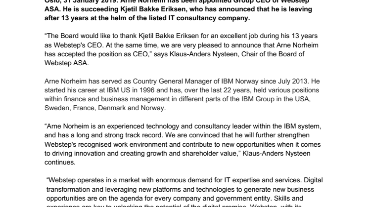 Arne Norheim new Group CEO of Webstep