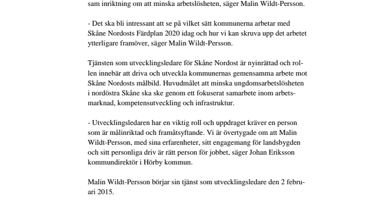 Malin Wildt-Persson till Skåne Nordost