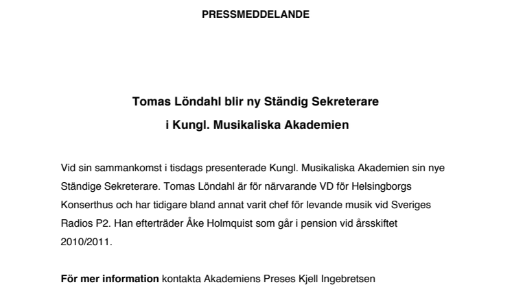 Tomas Löndahl blir ny Ständig Sekreterare  i Kungl. Musikaliska Akademien