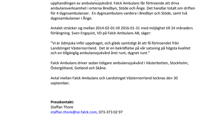 Falck Ambulans får förtroende att driva ambulanssjukvård i Landstinget Västernorrland