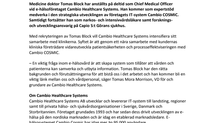 Tomas Block ny Chief Medical Officer på Cambio Healthcare Systems