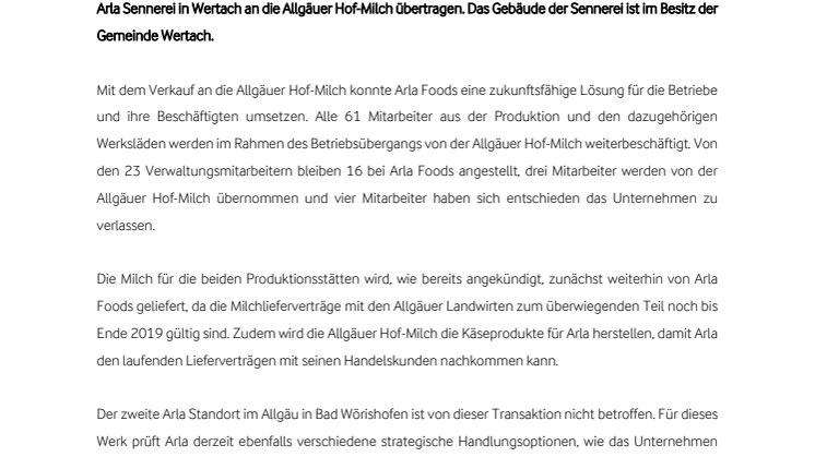 Arla Foods hat sein Werk in Sonthofen an die Allgäuer Hof-Milch verkauft