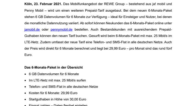 6 GB Datenvolumen für 6 Monate: Neues Tarifangebot der REWE Group