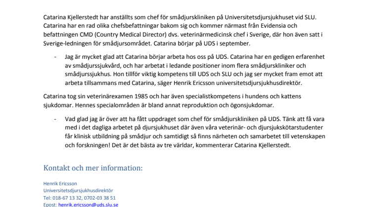 ​​Catarina Kjellerstedt ny chef för smådjurskliniken på Universitetsdjursjukhuset vid SLU.