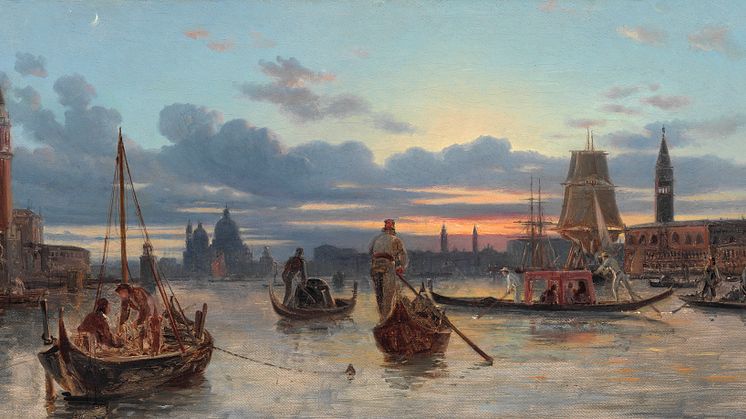 Wilhelm Marstrand- Livlig trafik på Canal Grande efter solen er gået ned. Usigneret. Olie på lærred. 29 x 54.