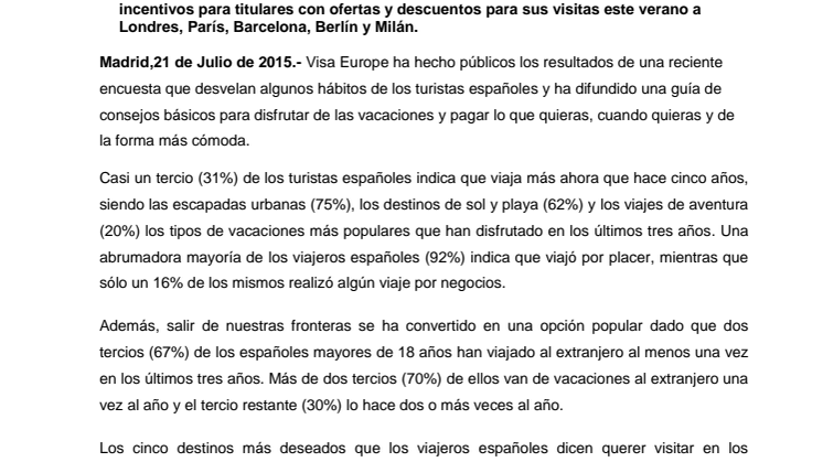 Casi un tercio (31%) de los españoles indica que viaja más ahora que hace cinco años