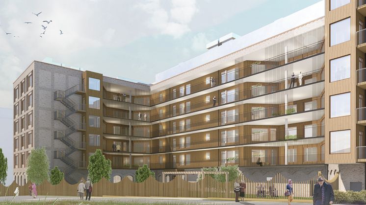 Vy från gångvägen, Rinkeby allé vård- och omsorgsboende Fotograf/Källa: Winroth arkitekter AB