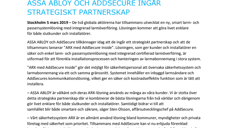 ASSA ABLOY och AddSecure ingår strategiskt partnerskap