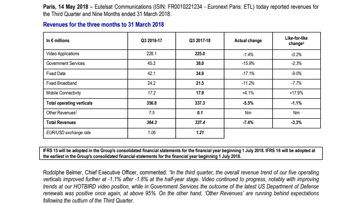 EUTELSAT COMMUNICATIONS THIRD QUARTER AND NINE MONTH 2017-18 REVENUES