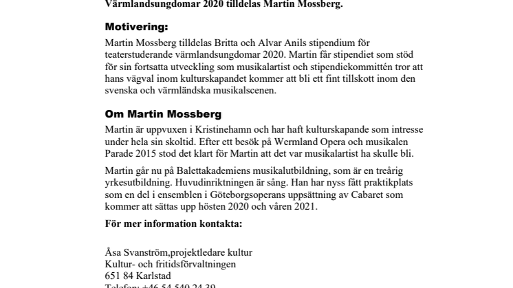 Årets teaterstipendiat heter Martin Mossberg