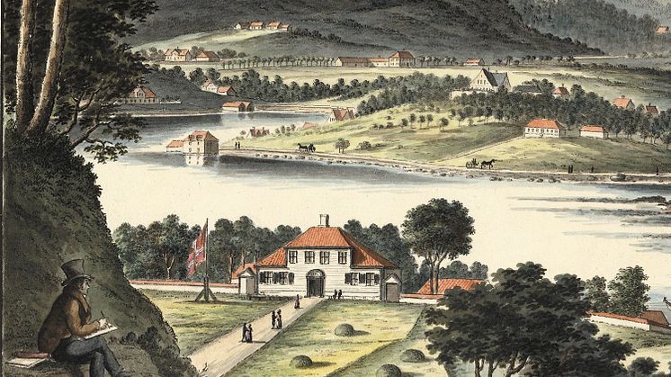 Dreiers prospekt «2den Udsigt fra Nyegaard til Solem 1827» (Nasjonalbiblioteket)