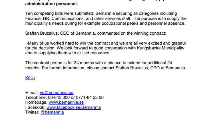 Bemannia has won a contract regarding staff to the municipality of Kungsbacka. 