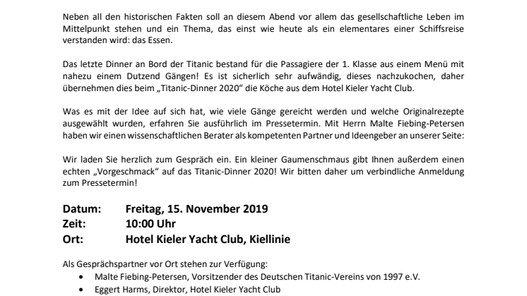 Pressetermin: Titanic Dinner 2020 - ein Vorgeschmack im Hotel Kieler Yacht Club