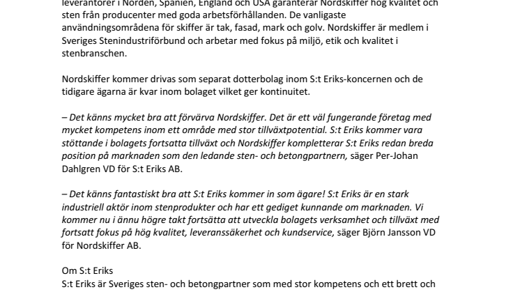 S:t Eriks förvärvar Nordskiffer