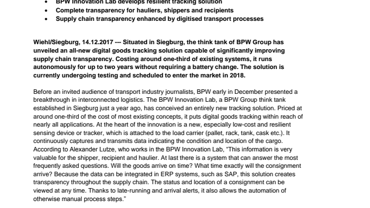 Breakthrough for digital goods monitoring – BPW Innovation Lab makes cargo tracking affordable