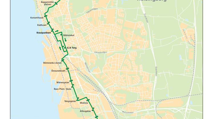Stadsbuss linje 1 i Helsingborg - karta och tidtabell - 13 augusti 2017