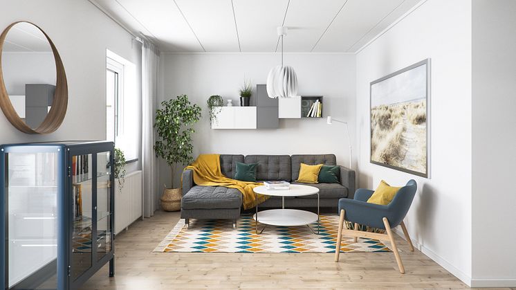 Illustration av interiör, vardagsrum, BoKlok småhus, 2021. 
