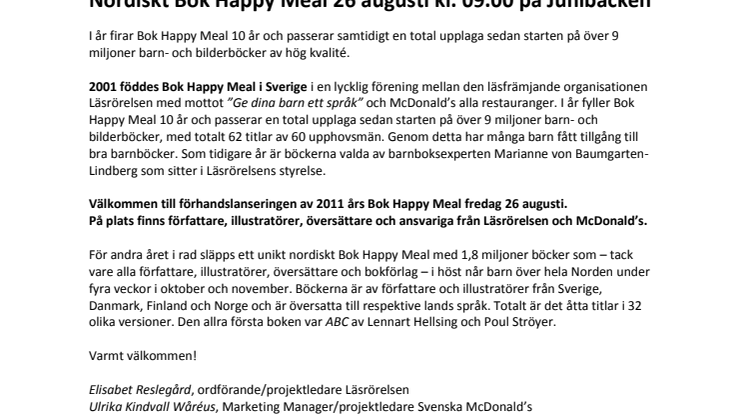 BOK HAPPY MEAL 10 ÅR: Pressinbjudan från Läsrörelsen och McDonald’s 2011-08-19
