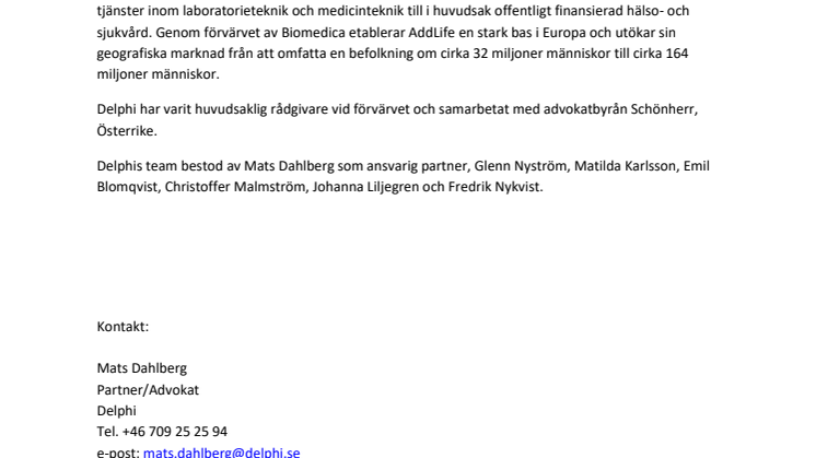 Delphi biträder AddLife vid förvärv av Biomedica