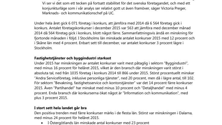 Företagskonkurserna minskade med 8 procent i Sverige 2015