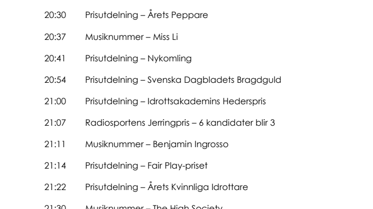 Preliminära hålltider Idrottsgalan 2020
