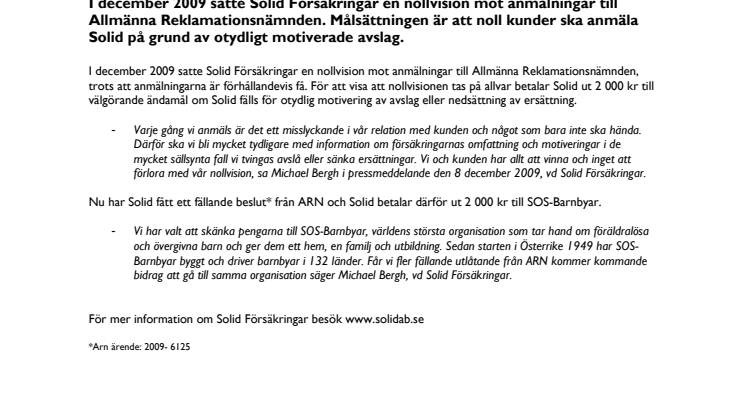 Solid Försäkringar ger 2 000 kr till välgörande ändamål med anledning av förlorat fall hos ARN