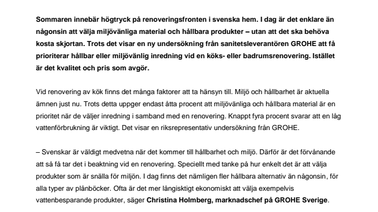 Ny undersökning från GROHE: Hållbarhet bortprioriteras när köket ska renoveras
