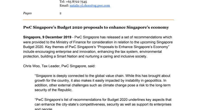 PwC Singapore’s Budget 2020 proposals to enhance Singapore’s economy