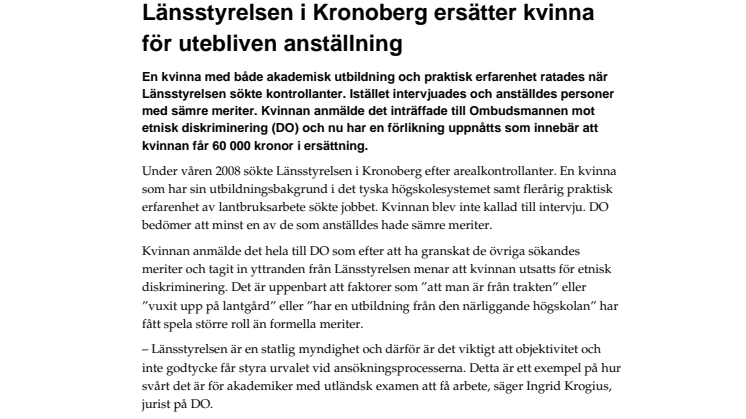 Länsstyrelsen i Kronoberg ersätter kvinna för utebliven anställning