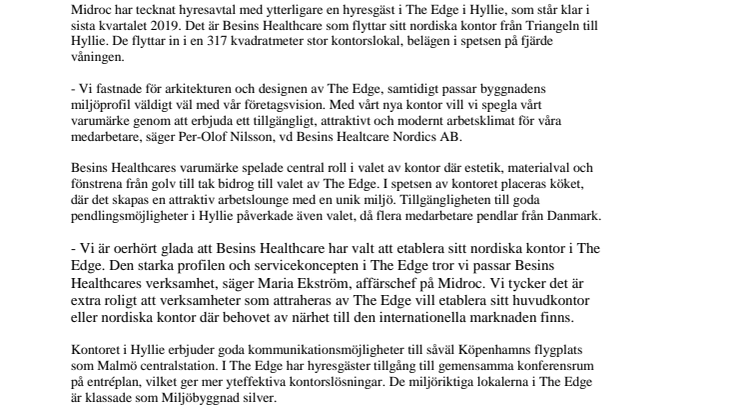 Läkemedelsföretaget Besins Healthcare tecknar hyresavtal i The Edge, Malmö 