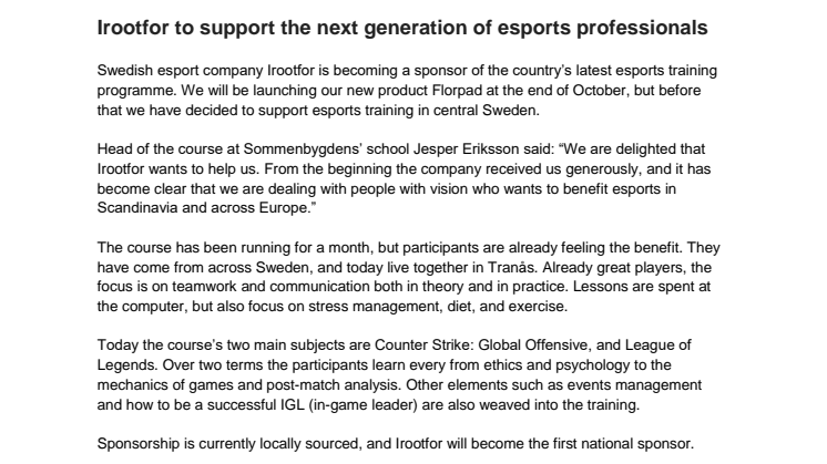 Irootfor to support the next generation of esports professionals