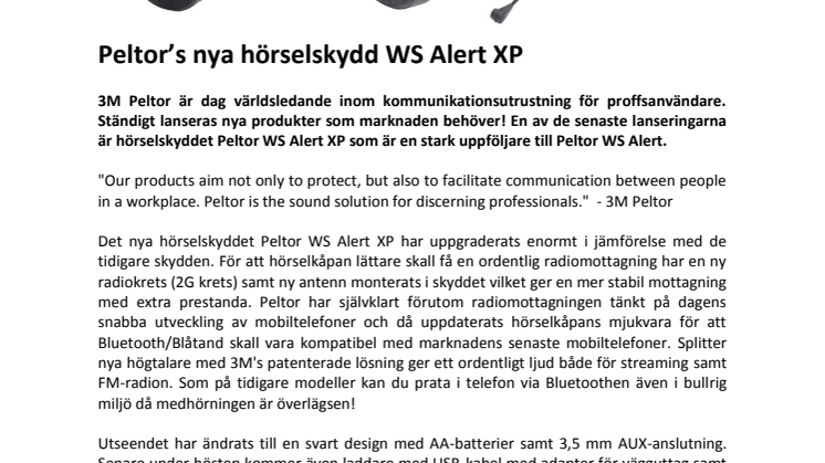 Peltor lanserar nya hörselsskydd, WS Alert XP