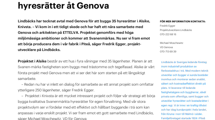 Lindbäcks bygger Svanenmärkta hyresrätter åt Genova
