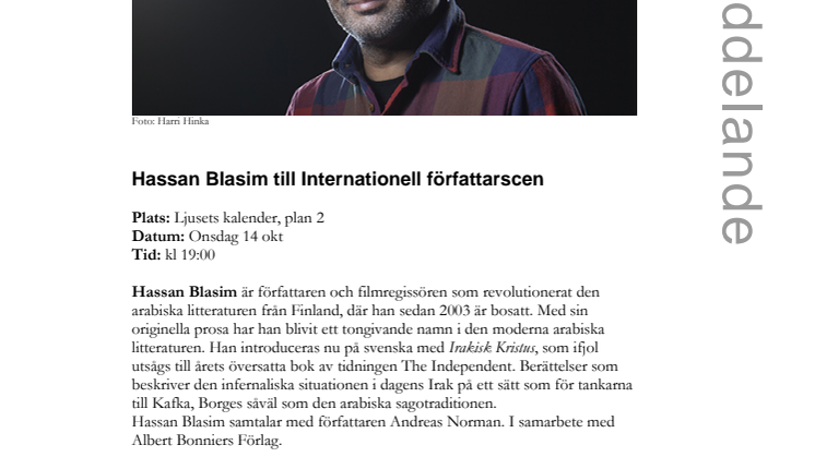 ​Hassan Blasim till Internationell författarscen på Stadsbiblioteket