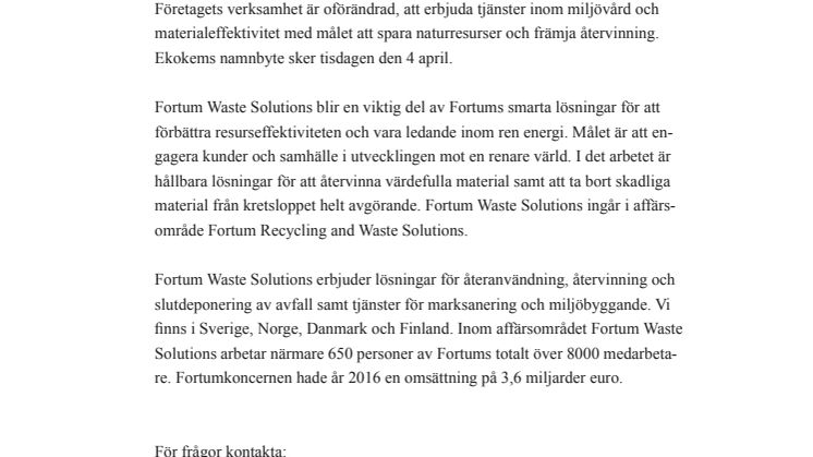 Nu blir Ekokem Fortum Waste Solutions