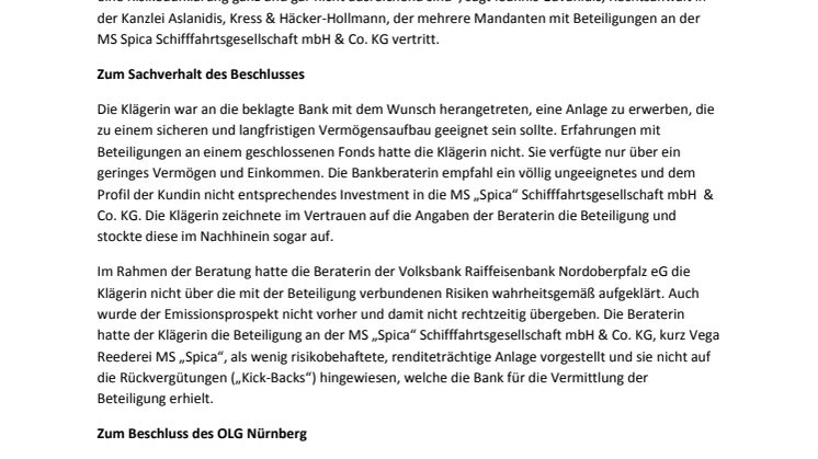 Beschluss des OLG Nürnberg: Schadensersatz und Rückabwicklung der Beteiligung an der Vega Reederei MS „Spica“