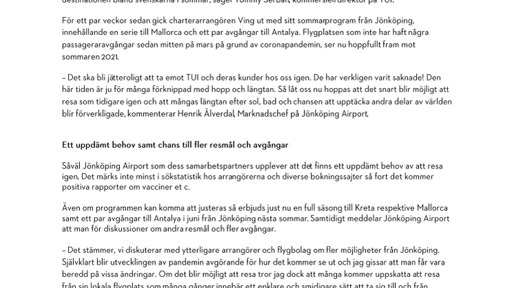 Charter direkt till Kreta från Jönköping till sommaren.