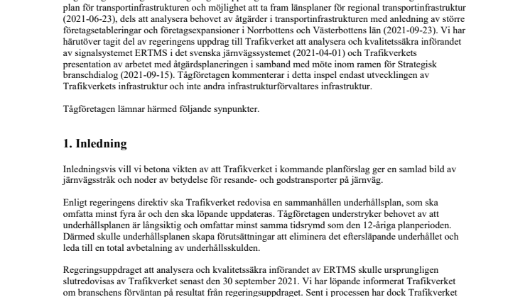Tågföretagens inspel till Trafikverket avseende Nationell infrastrukturplan 2022-2033