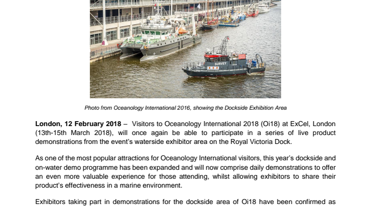 Oceanology International 2018 - Expanded waterfront for Oi18 creates more vessel and dockside demos for visitors