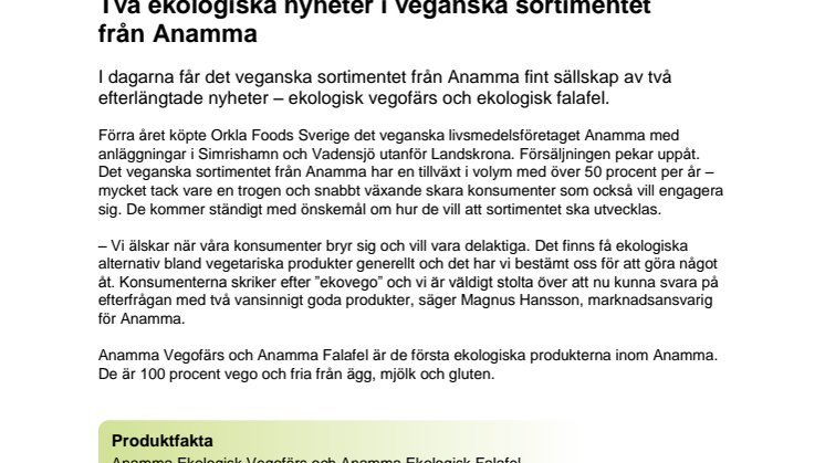 Två ekologiska nyheter i veganska sortimentet från Anamma